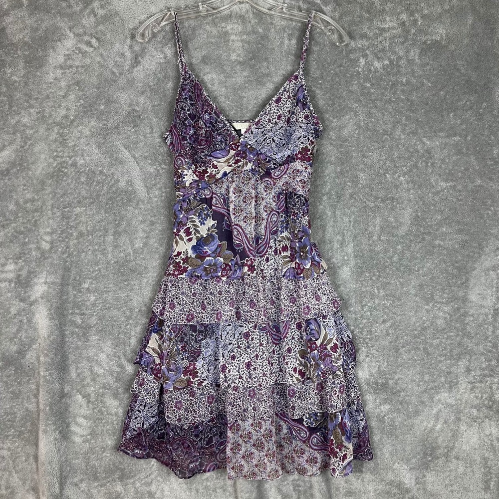 Vintage Y2K Ruffle Dress Womens S Purple Floral Tiered Tie Waist Boho Coquette